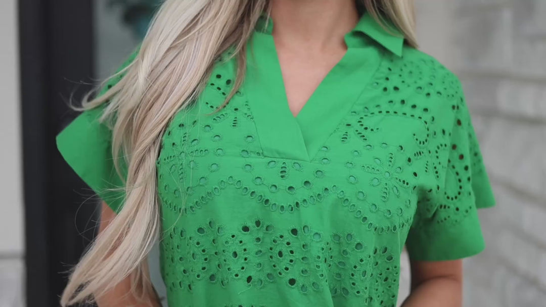 Green Solid Color Eyelet Embroidered T Shirt Mini Dress