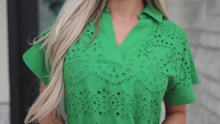 Green Solid Color Eyelet Embroidered T Shirt Mini Dress