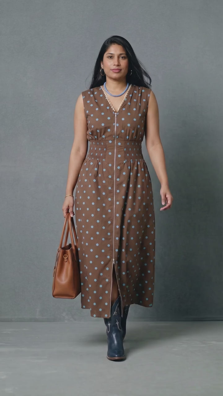 Brown Polka Dot Print Contrast Trim V Neck Zip Up Cotton Sleeveless Dress