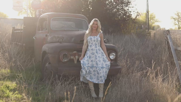 Sky Blue Floral Print Shirred Knot Shoulder Sleeveless Long Dress