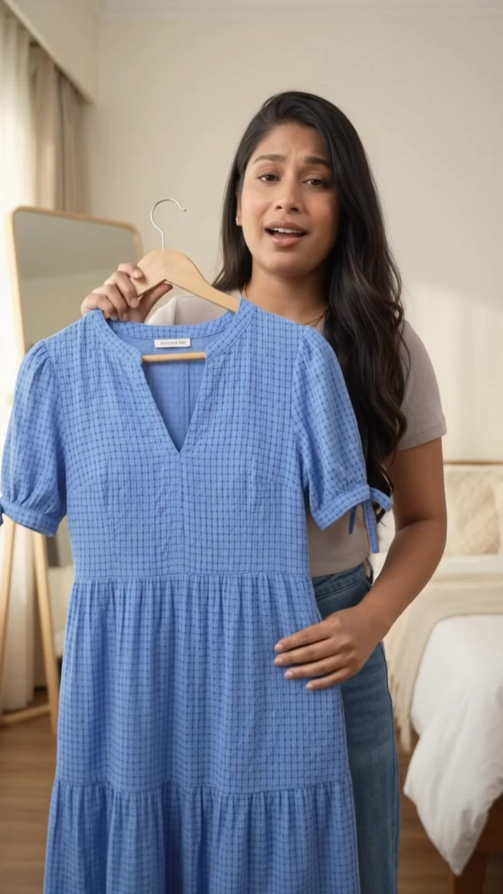 Dusk Blue Gingham Textured Bow Tie Short Sleeve Tiered Midi Dress