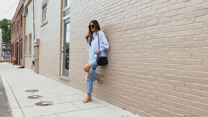 Sky Blue Smocked Cuffed Striped Boyfriend Shirt with Pocket