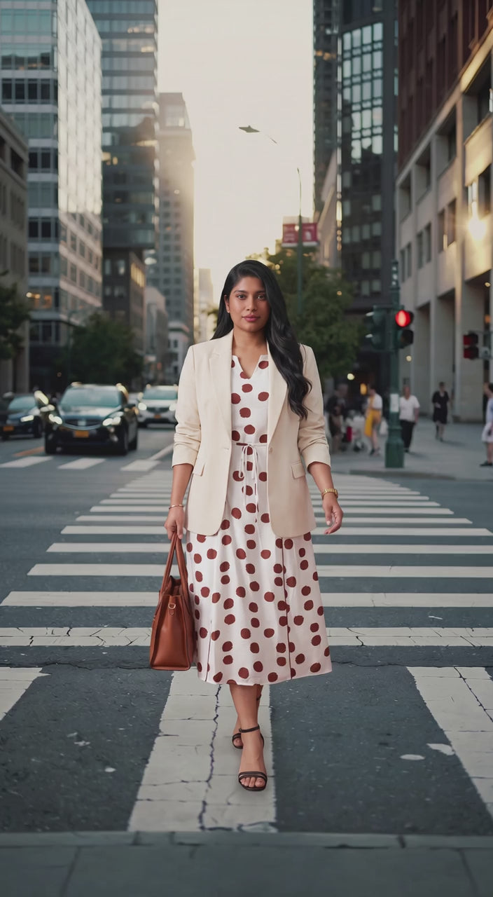 White Polka Dot Printed V Neck Short Sleeve Tie Waist Midi Dress