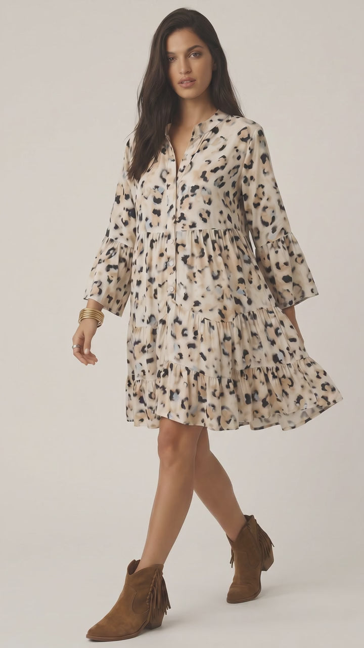 Khaki Leopard Print Buttoned Front 3/4 Sleeve Tiered Ruffled Hem Dress