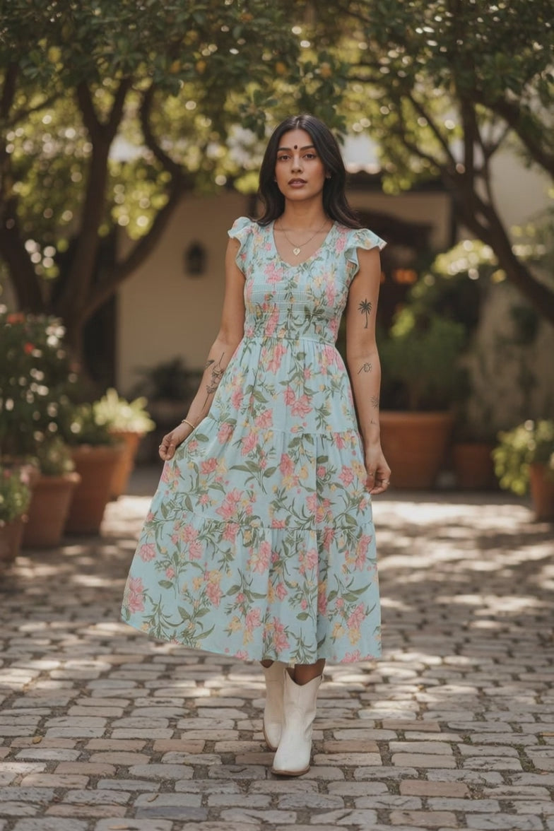 Yellow Smocked Bodice Ruffled Sleeveless Tiered Floral Maxi Dress