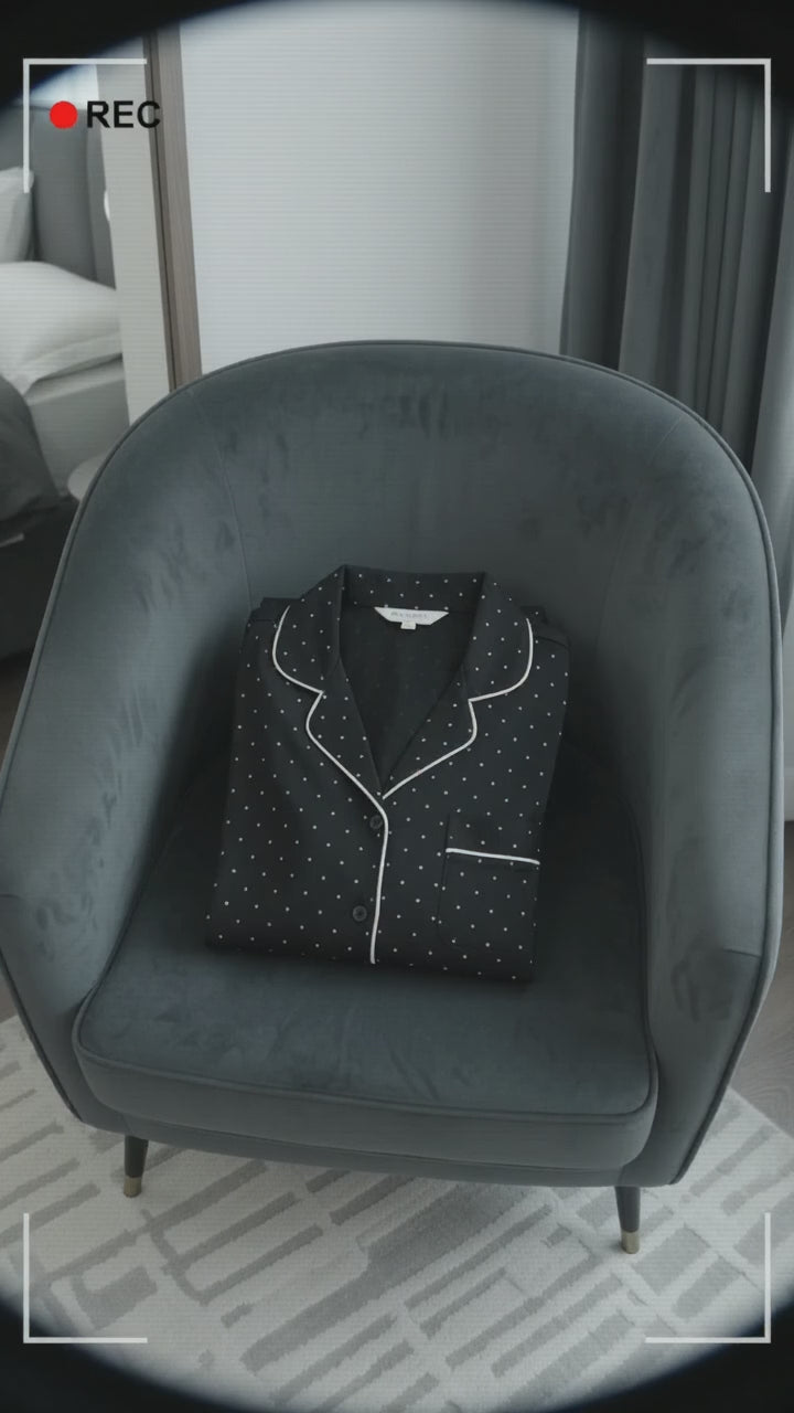 Black Polka Dot Long Sleeve Shirt Lace Detail Two Piece Pajama Pant Set