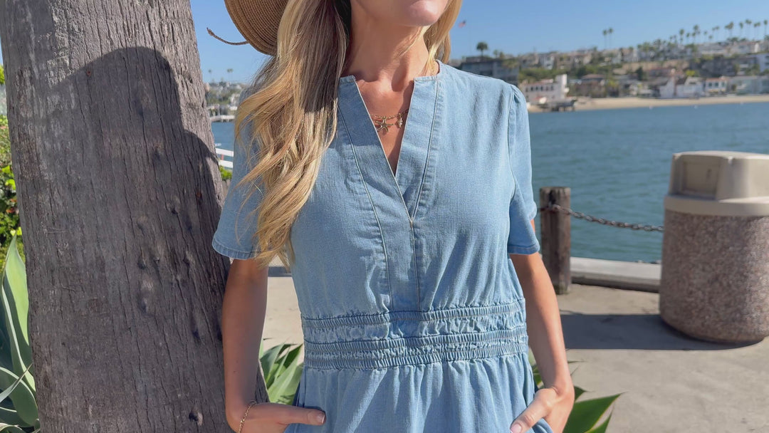 Myosotis Elastic Waist Short Sleeve Denim Mini Dress