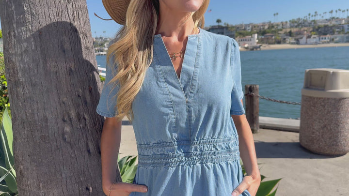 Myosotis Elastic Waist Short Sleeve Denim Mini Dress