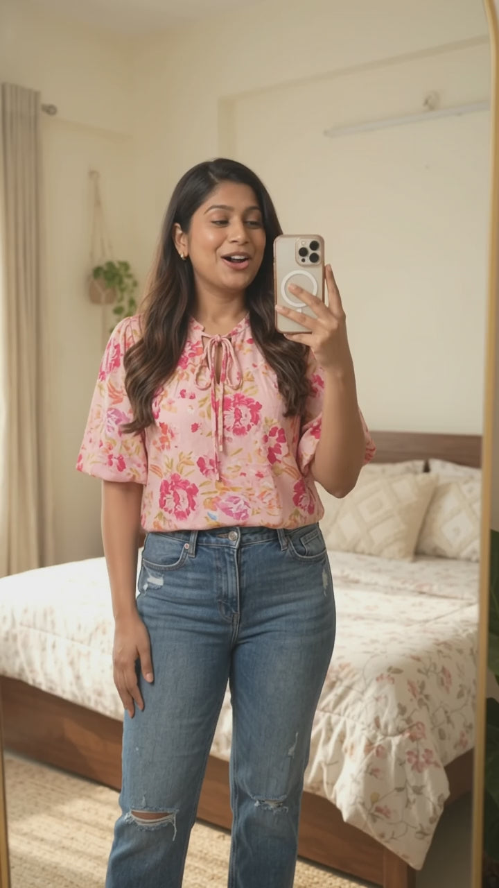 Pink Floral Print Tie Neck Puffy Half Sleeve Blouse