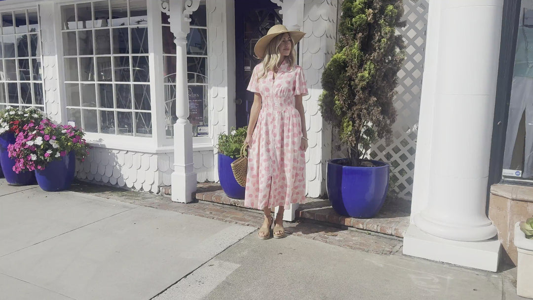 Pink Polka Dot Printed Ruffle Short Sleeve Zip Up Long Dress