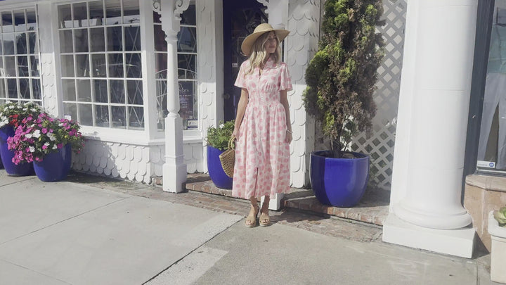 Pink Polka Dot Printed Ruffle Short Sleeve Zip Up Long Dress