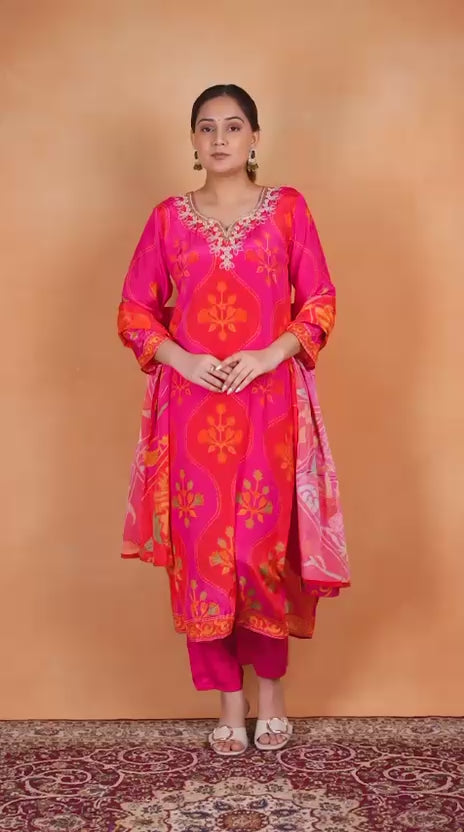 Pink Pure Natural Crepe Digital Print Handwork Stitch Kurta Set