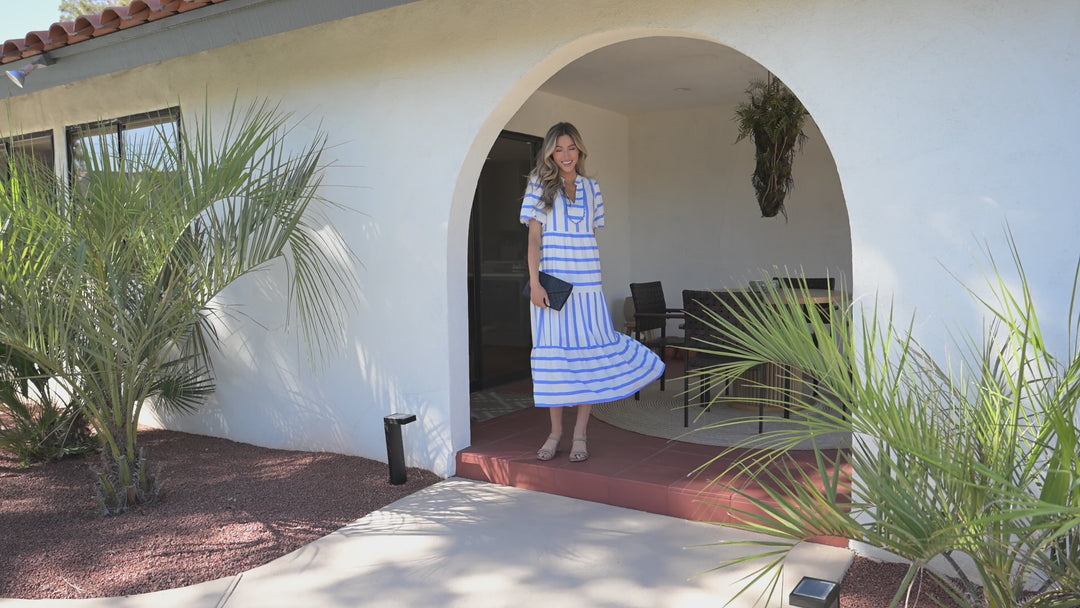 Sky Blue Stripe Ricrac Trim Notched Neck Half Sleeve Vacation Dress