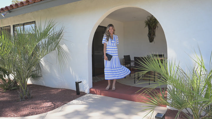 Sky Blue Stripe Ricrac Trim Notched Neck Half Sleeve Vacation Dress