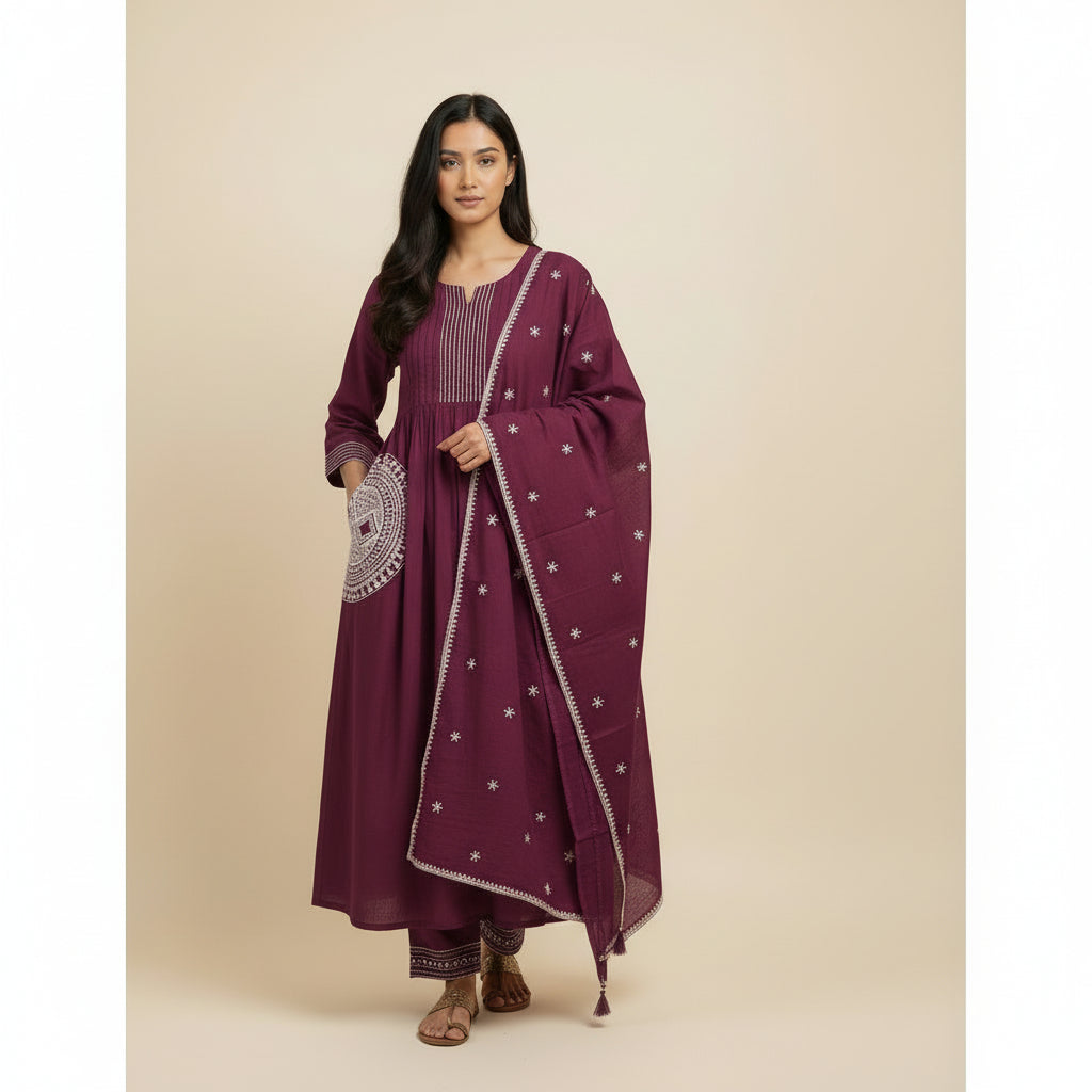 A-Line Kurta Set with Printed Bottom &amp; Embroidered Dupatta