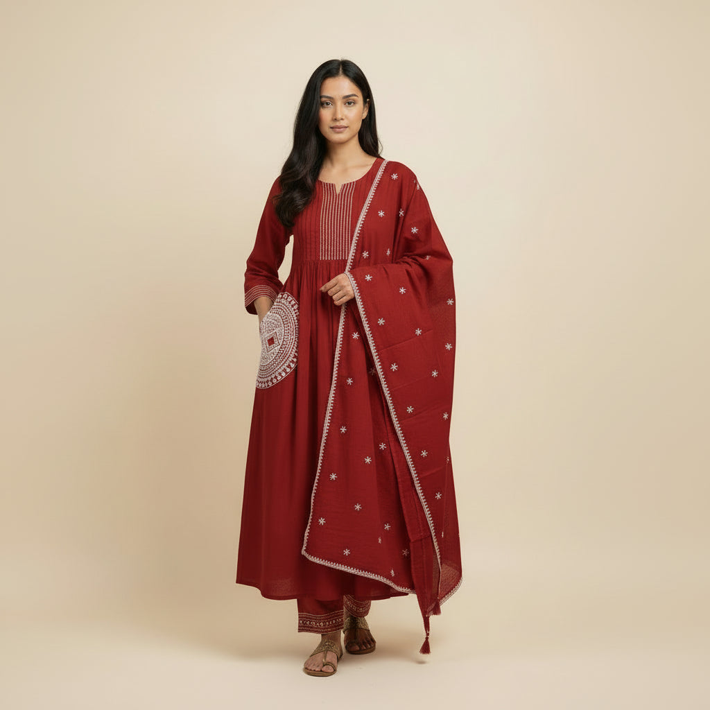 A-Line Kurta Set with Printed Bottom &amp; Embroidered Dupatta