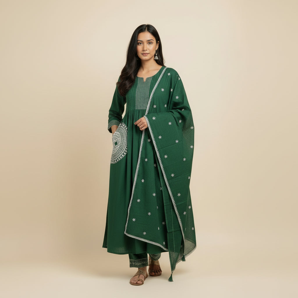 A-Line Kurta Set with Printed Bottom &amp; Embroidered Dupatta