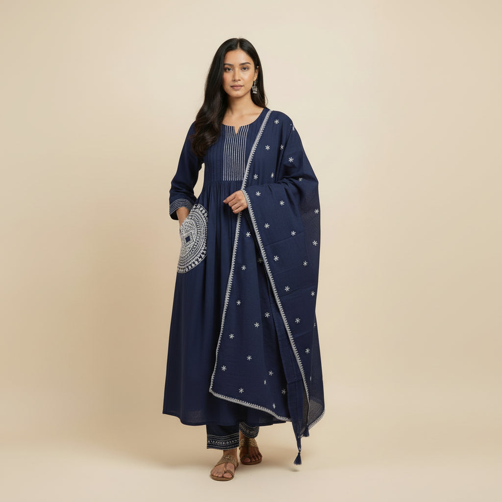 A-Line Kurta Set with Printed Bottom &amp; Embroidered Dupatta