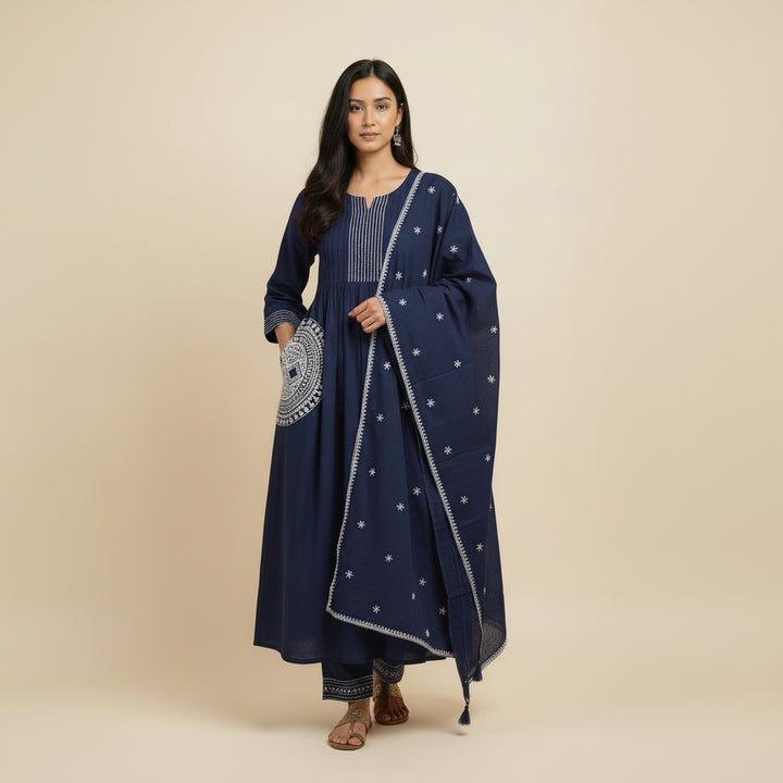 A-Line Kurta Set with Printed Bottom &amp; Embroidered Dupatta