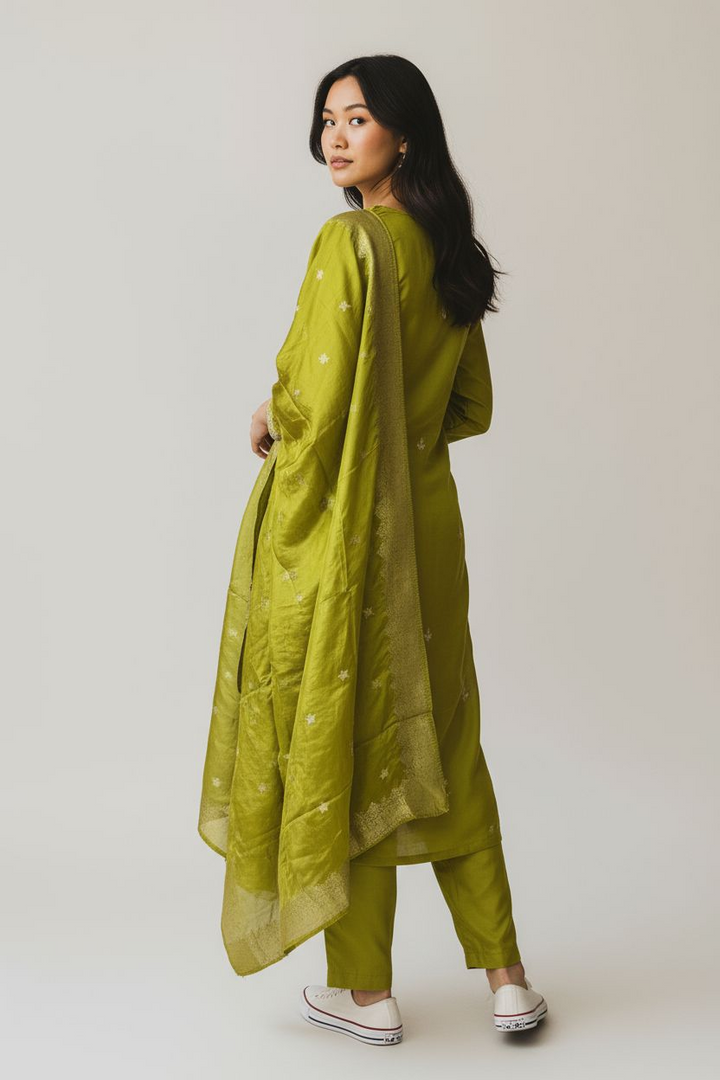 Lime Green Natural Crape Handwork Top Banaras Kurthi Set