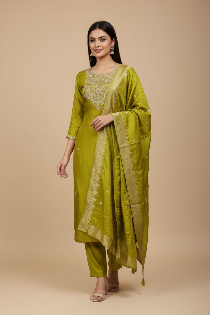Lime Green Natural Crape Handwork Top Banaras Kurthi Set