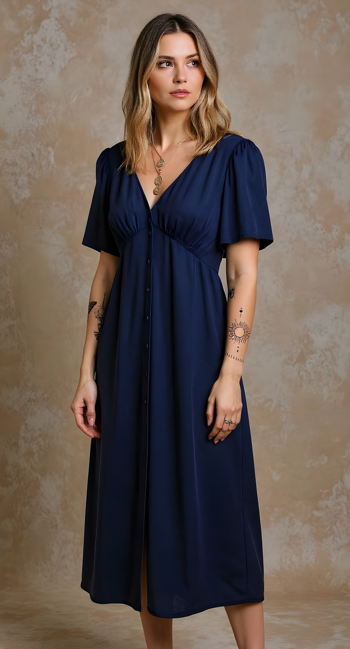 Navy Blue V Neck Buttoned Front Shirred Back Short Sleeve Midi Dress