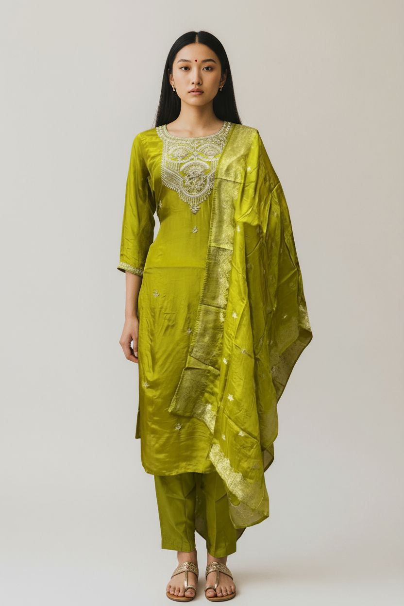 Lime Green Natural Crape Handwork Top Banaras Kurthi Set