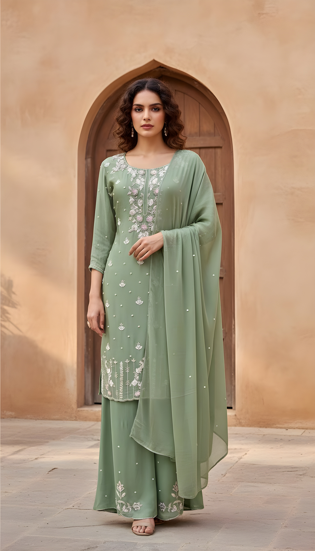 Green Satin Silk Embroidery Premium 3-Piece Kurta Set