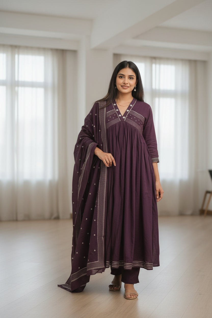 Women’s Solid Embroidered Anarkali Kurta Set with Dupatta