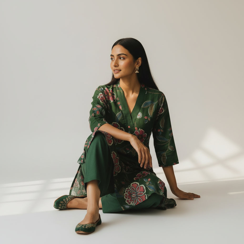 Emerald Floral Printed Kurta Set with Straight Pants