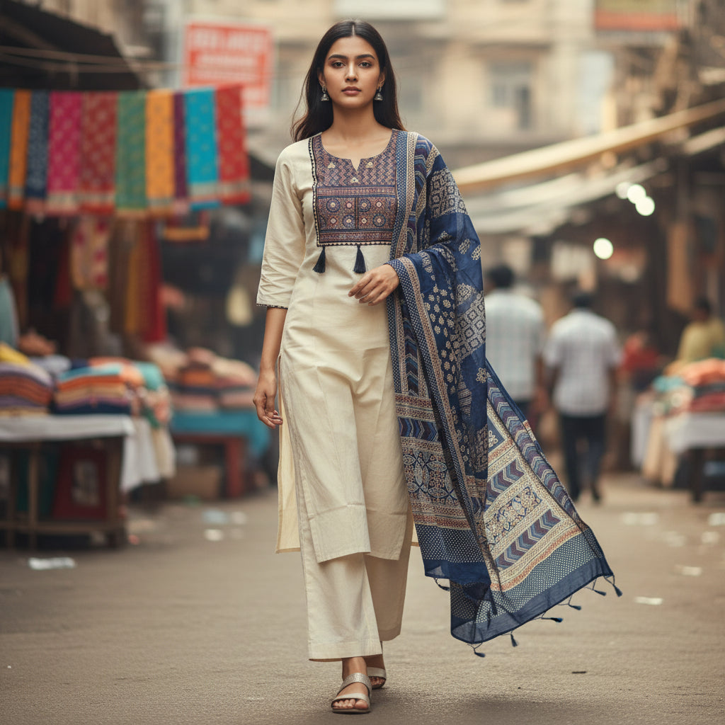 Ivory Cotton Kurta Set with Indigo Printed Dupatta