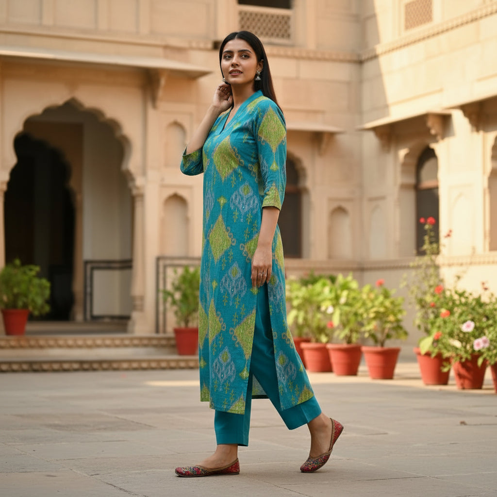 Teal Blue Handblock Print Straight Kurta Set with Pants