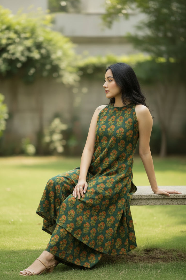 Green Floral Printed Sleeveless A-Line Kurta Set with Palazzo Pants