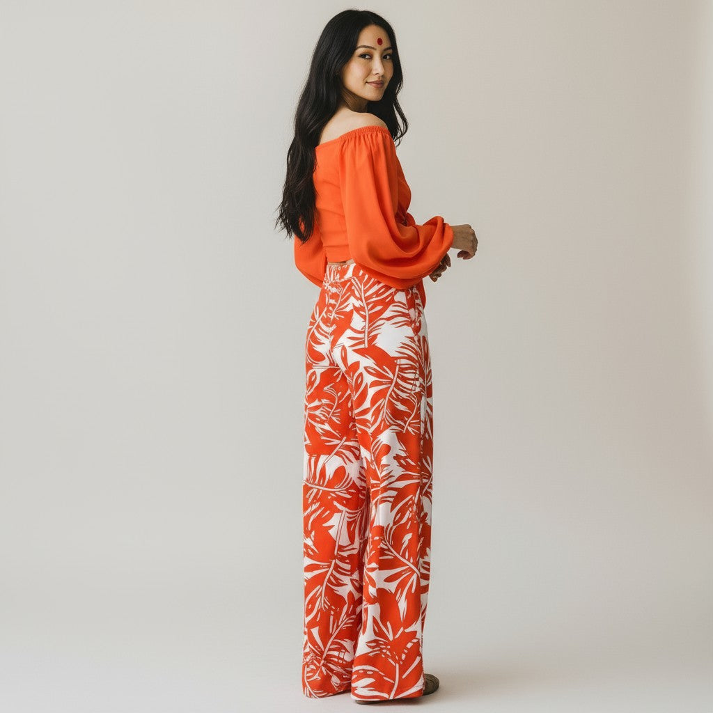 Orange Lantern Sleeve Top And High Waist Printed Co-ord set