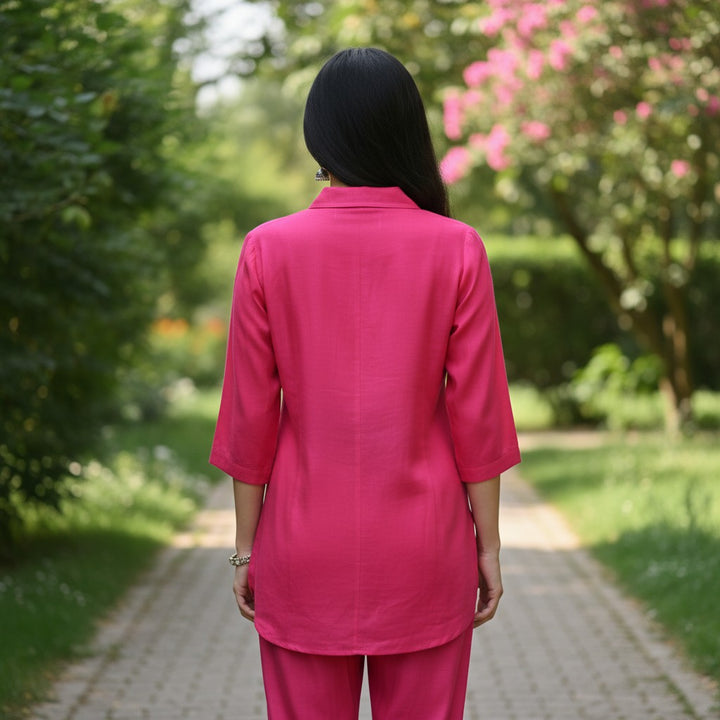 Hot Pink Embroidered Silk Co-Ord Set