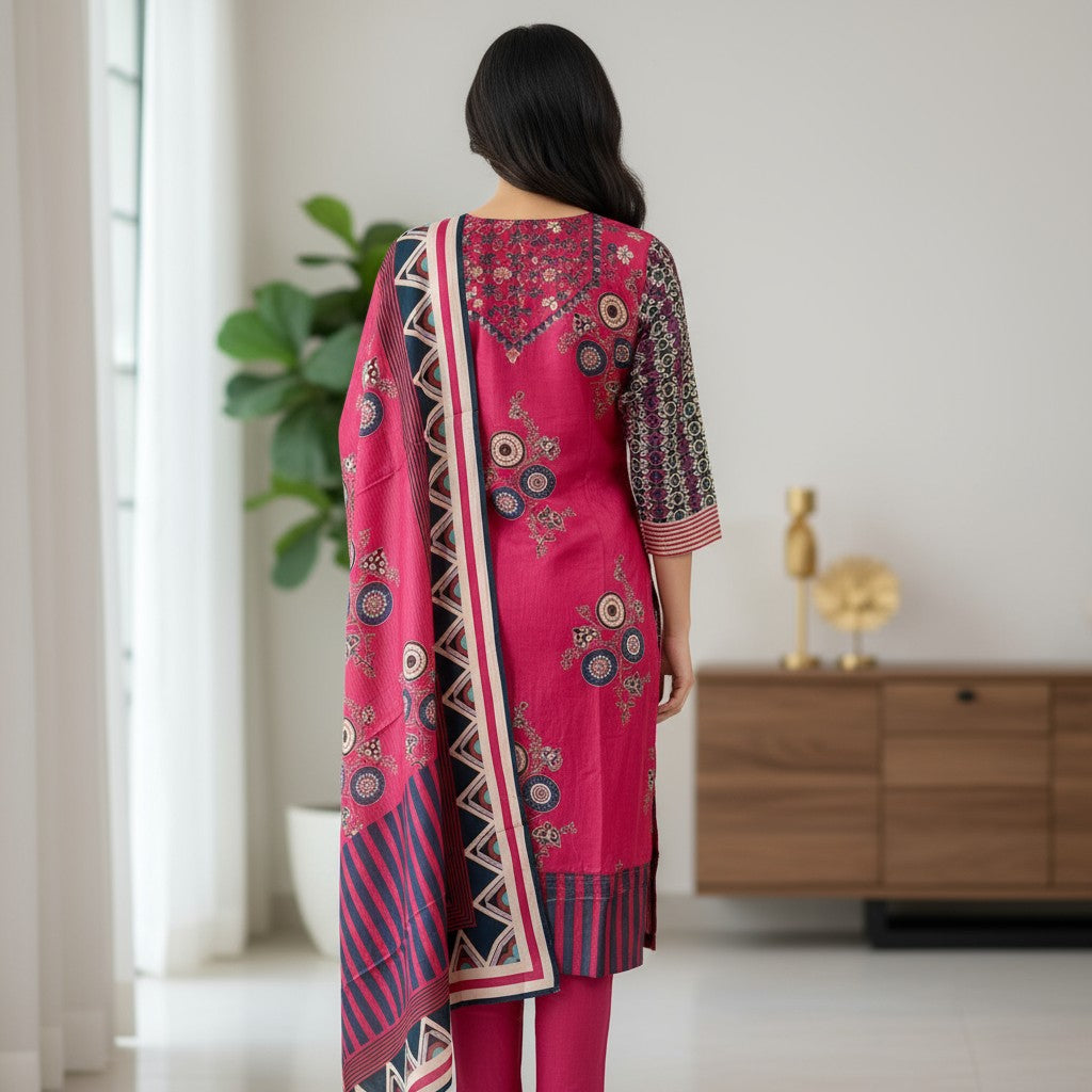 Fuchsia Pink Printed Silk Kurta Set with Geometric Dupatta