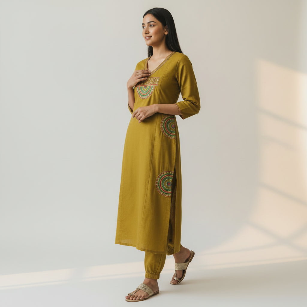 Mustard Embroidered Straight Kurta Set with Pants