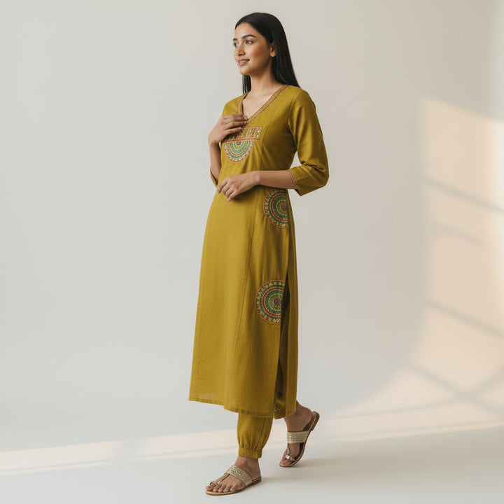 Mustard Embroidered Straight Kurta Set with Pants