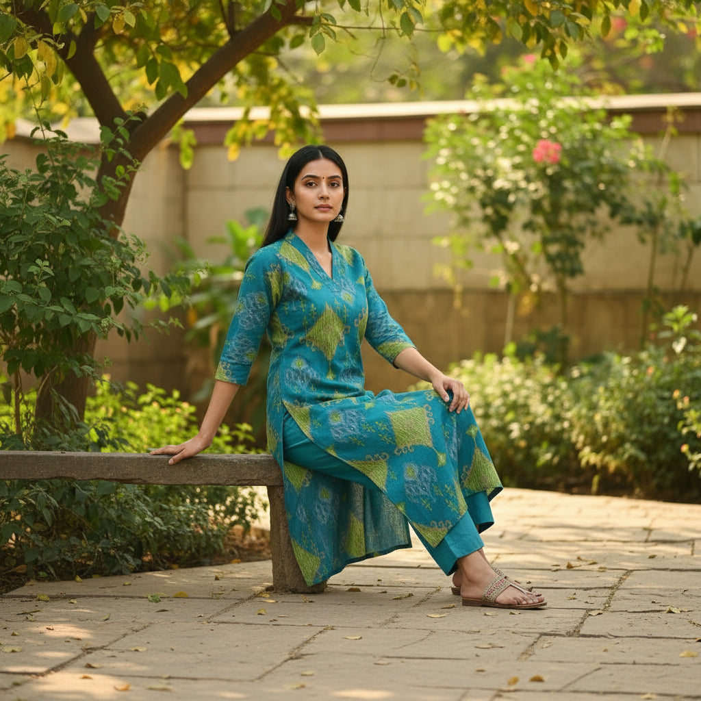 Teal Blue Handblock Print Straight Kurta Set with Pants