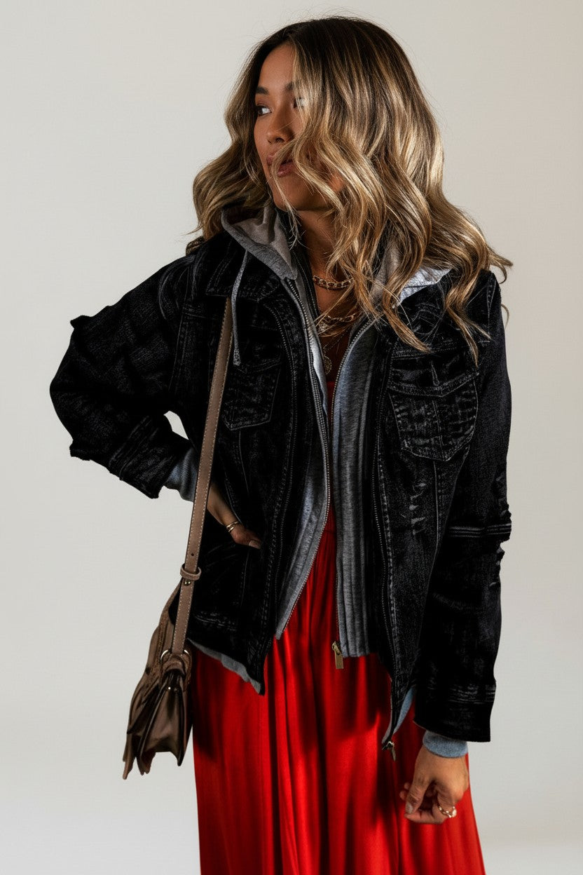 Black Fake Two-Piece Hooded Zip-Up Denim Jacket