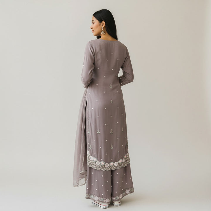 Gray with Light Pink Embroidery Premium Kurtha Set 3 Piece