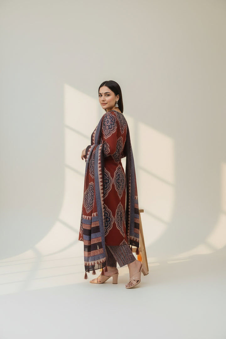 Maroon &amp; Navy Ethnic Print Straight Kurta Set with Dupatta
