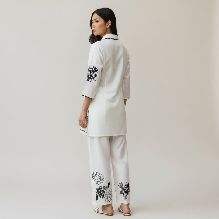 Ivory Embroidered Kurta &amp; Wide-Leg Pants Set