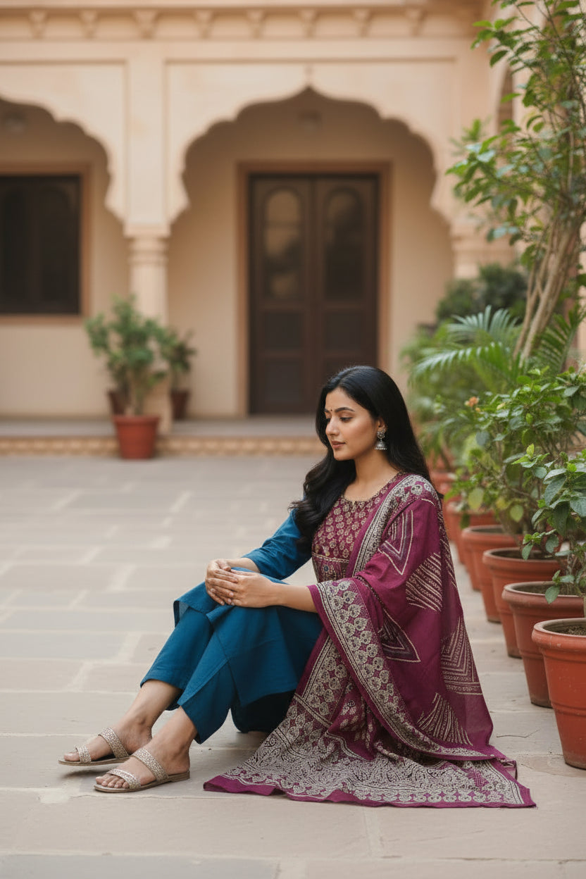 Teal Blue Straight Kurta Set with Printed Yoke, Solid Bottom &amp; Maroon Dupatta