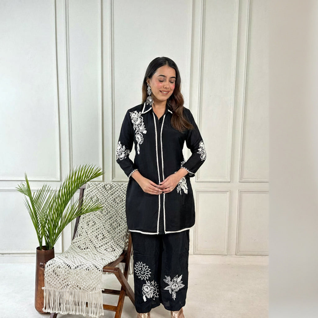 Black Embroidered Straight Kurti with Contrast Lace Detailing