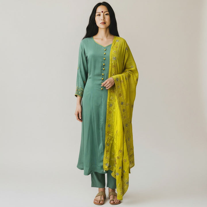 Chiffon Blue and Yellow Contract Kurthi Set 3 Piece
