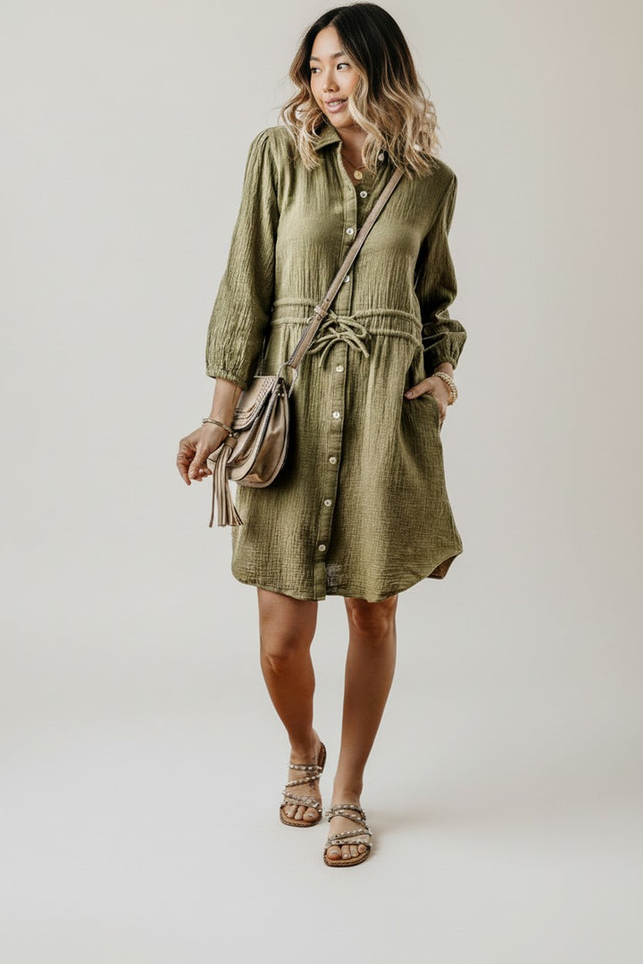 Jungle Green Textured Bracelet Sleeve Collared Button Up Dual Tied Mini Dress