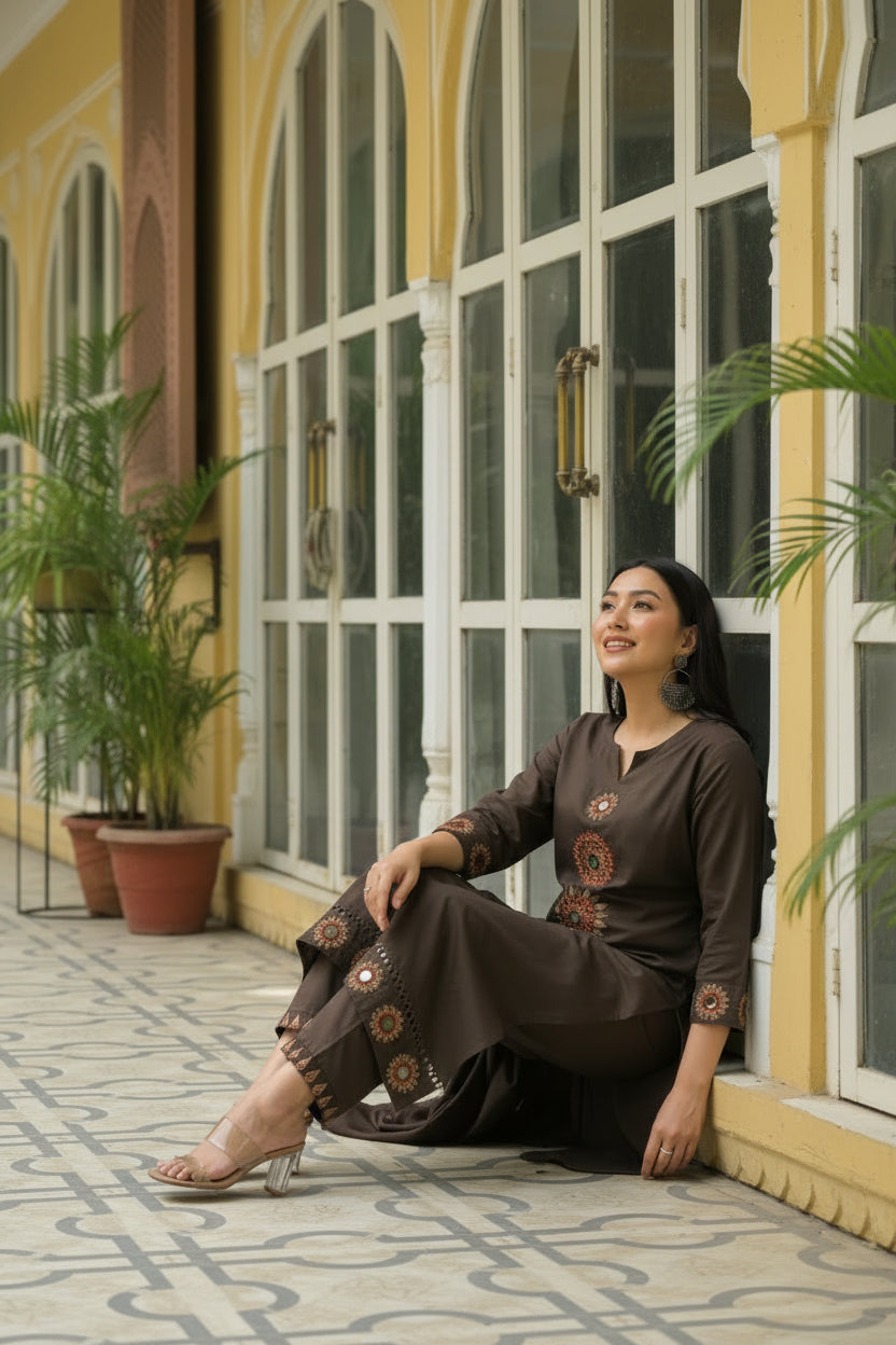 Embroidered Brown Kurta Set with Straight Pants &amp; Dupatta