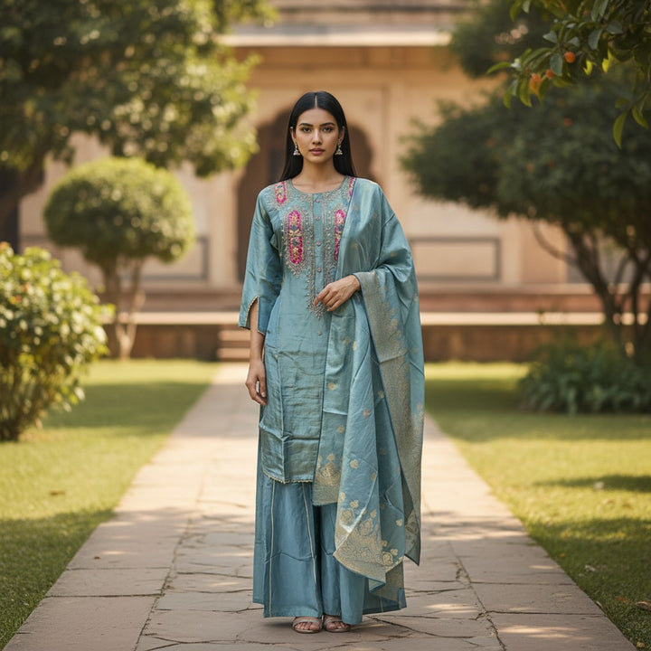 Blue Kurthi Set With Gold Tissue Fabric and Pink Embroidery Saharara Style