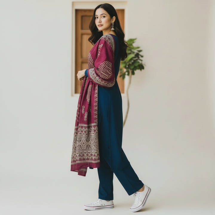 Teal Blue Straight Kurta Set with Printed Yoke, Solid Bottom &amp; Maroon Dupatta